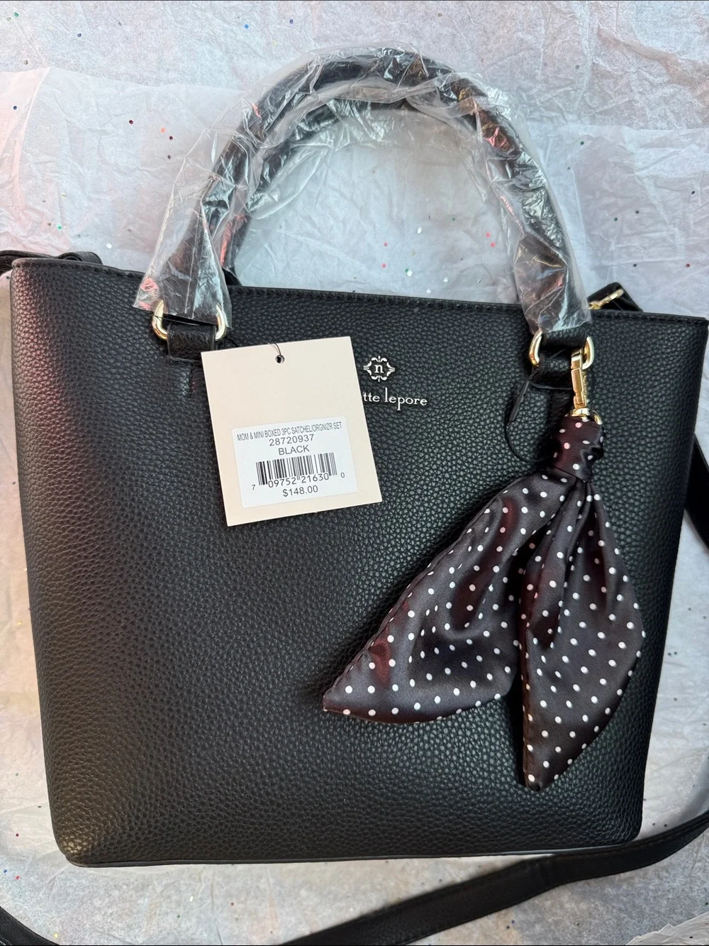 🛍NWT 🛍 Nanette Lenore Black Pebbled Leather Satchel with Polka Dot Scarf Accent